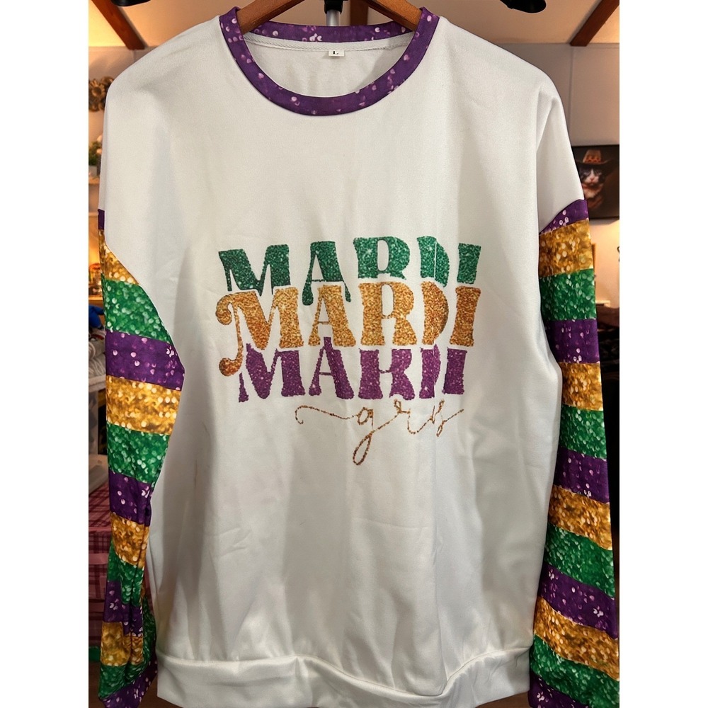 Mardi Gras Sweatshirt Mens Large White Purple Green Gold Striped Festival Top